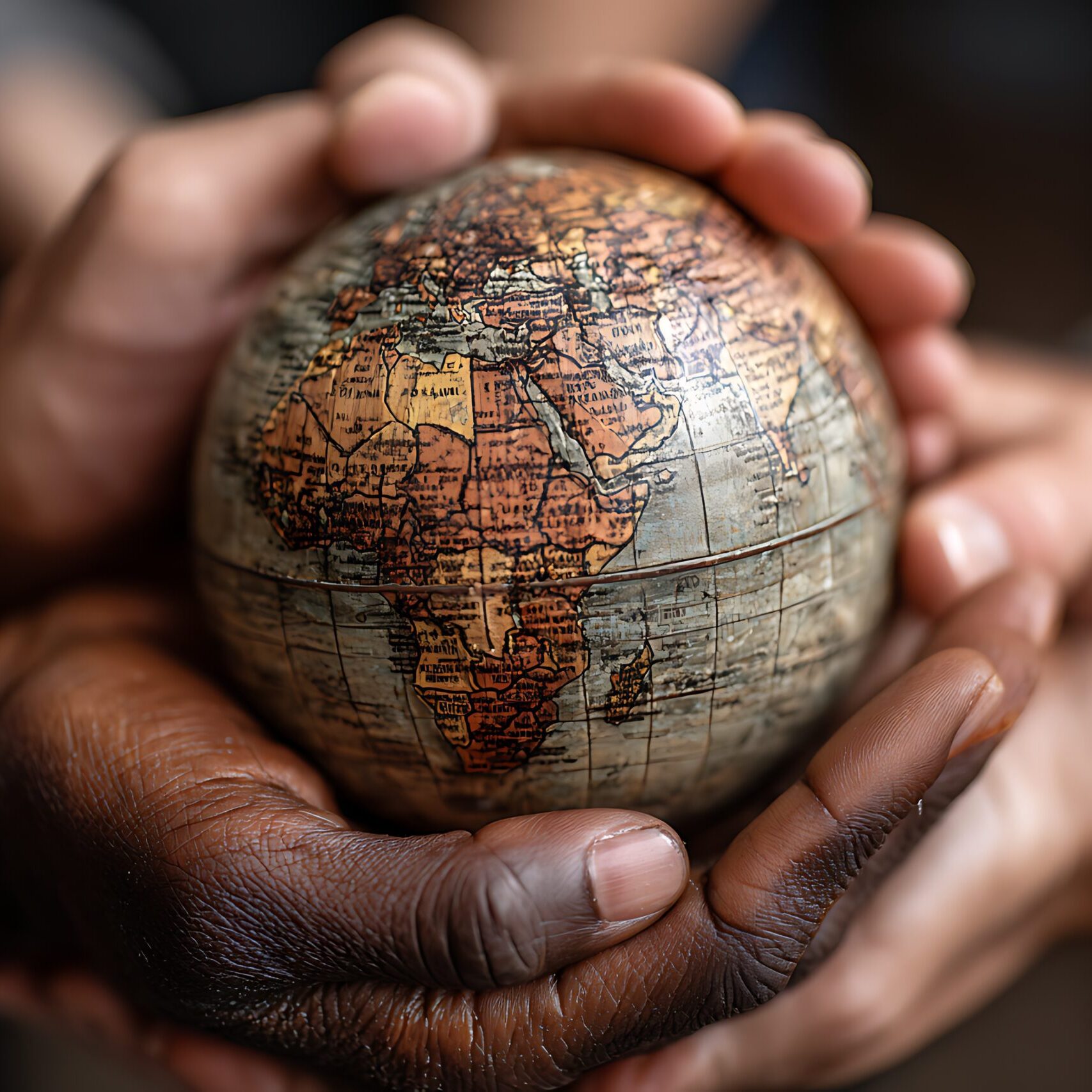 Diverse hands holding a single globe of the earth